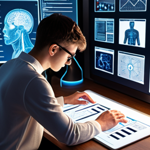 Home 4 ** A person studying diligently with online courses and books about AI, surrounded by glowing screens and diagrams, conveying a sense of intense learning and preparation.
**