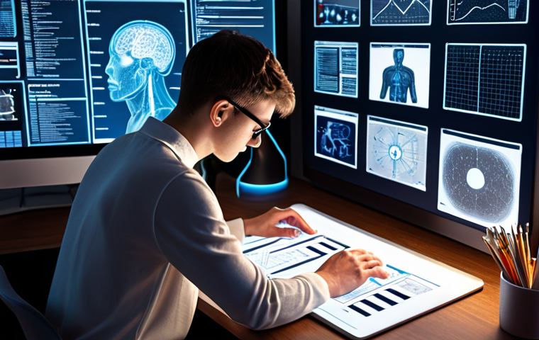 ** A person studying diligently with online courses and books about AI, surrounded by glowing screens and diagrams, conveying a sense of intense learning and preparation.
**