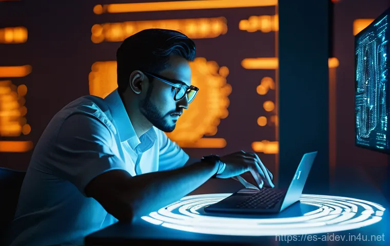 인공지능 개발자의 전반적인 역량 - A visionary AI developer, portrayed as a modern-day artisan and strategist, is intensely focused at ...