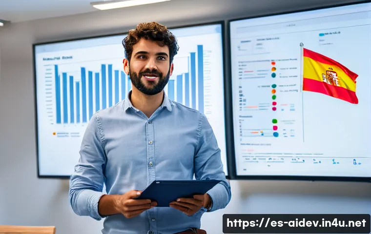 인공지능 연봉협상 전략 - A professional Spanish AI engineer in a modern office setting in Madrid, presenting a detailed dossi...
