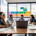 Home 18 AI 개발 팀 리더십 - A diverse team of software developers collaborating in a modern, bright office space with large wind...
