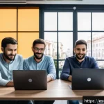Home 23 AI 개발자 연봉 수준 - A modern Spanish tech office scene in Madrid featuring a diverse group of AI developers collaboratin...