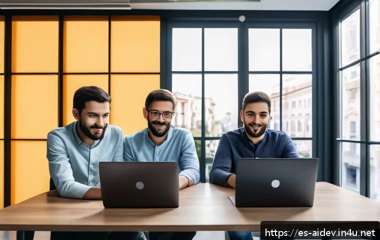 AI 개발자 연봉 수준 - A modern Spanish tech office scene in Madrid featuring a diverse group of AI developers collaboratin...